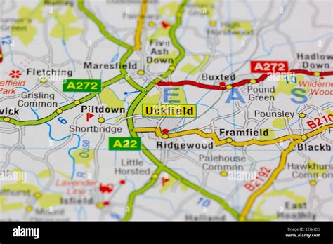 Uckfield and surrounding areas shown on a road map or geography map Stock Photo - Alamy