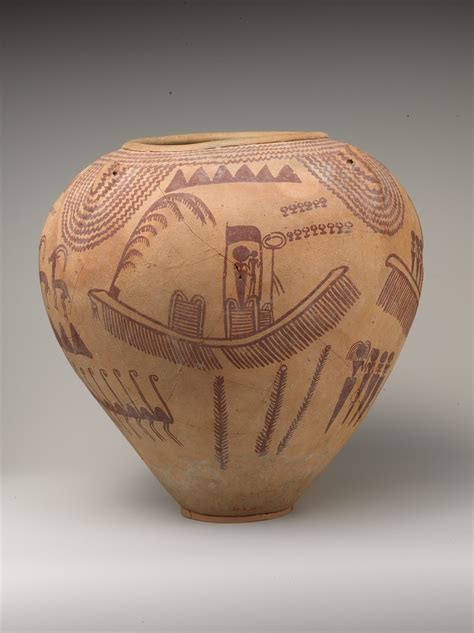 A Gerzean period pottery jar adorned with an image of a papyrus boat, along with animals and ...