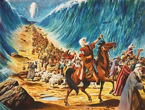 Moses parts the Red Sea allowing the Israelites to safely escape the pursuing Egyptians (Exodus ...