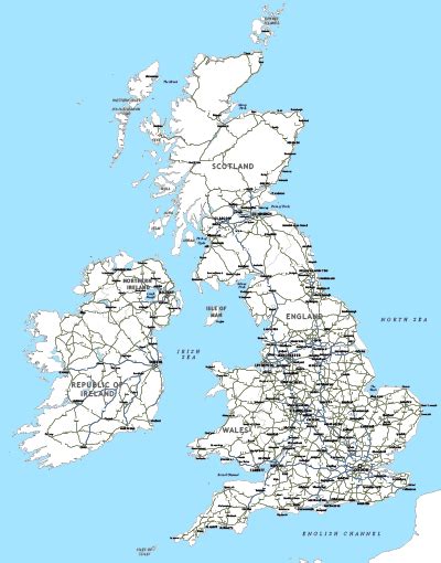 Editable map of Britain and Ireland with cities and roads - Maproom