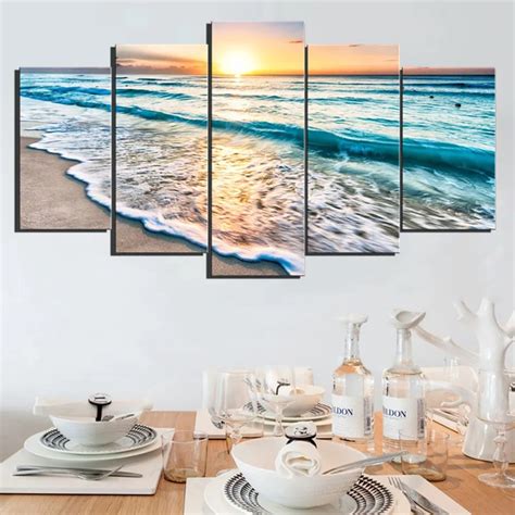 Aliexpress.com : Buy 5 Panels Sunset Beach Wall Art Canvas Sea Wave Seascape Picture Prints ...