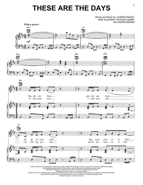 These Are The Days by Lauren Daigle Sheet Music for Piano, Vocal & Guitar Chords (Right-Hand ...