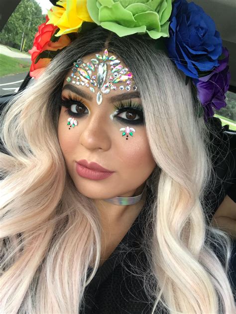 Festival Glitter and Rhinestones-Rainbow Makeup look. Pride makeup