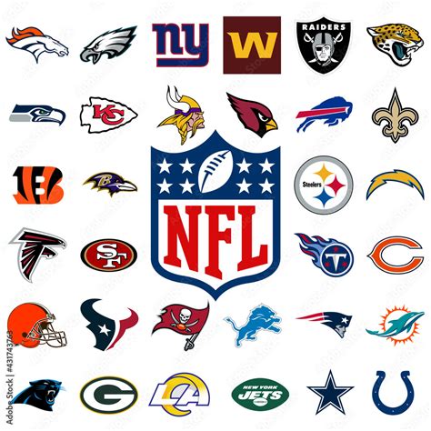 Logo of all national football league teams. NFL team icons. Set all the new football teams logos ...