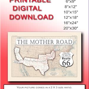 1926 Route 66 Map Large Wall Art, Printable Poster of a United States Map Showing the Mother ...