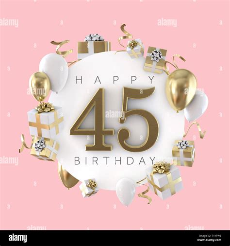 Happy 45th birthday party composition with balloons and presents. 3D ...