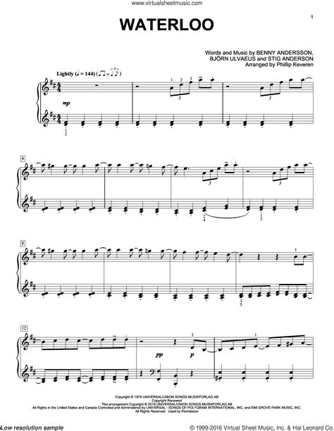 Andersson - Waterloo sheet music for piano solo [PDF-interactive]