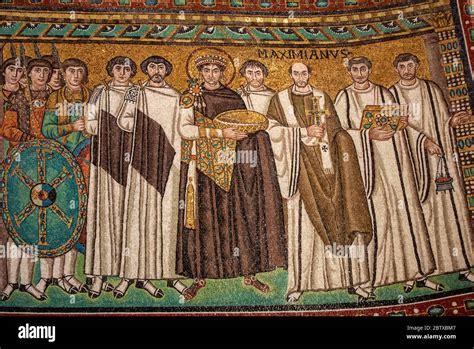 Ravenna, Italy - Sept 11, 2019: Mosaic of Byzantine emperor Justinian, Bishop Maximian, general ...