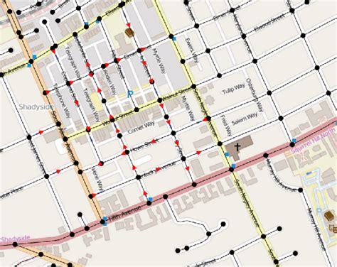 Visualization of a routing graph on a map. The red triangles mark ...