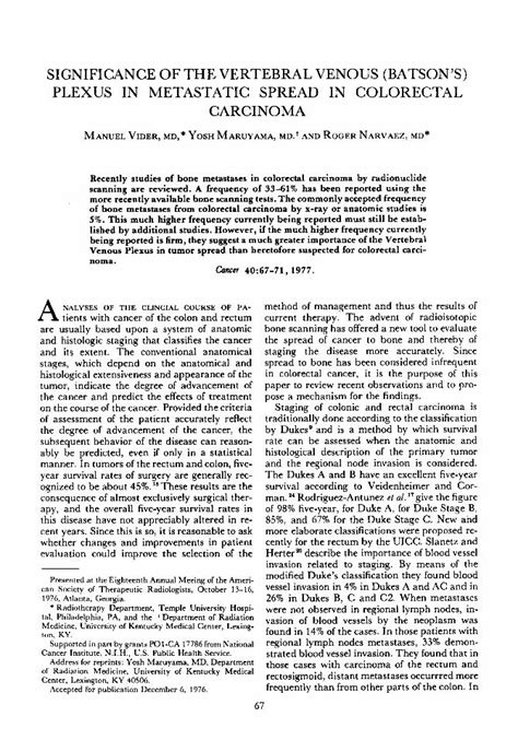 (PDF) Significance of the vertebral venous (batson's) plexus in metastatic spread in colorectal ...