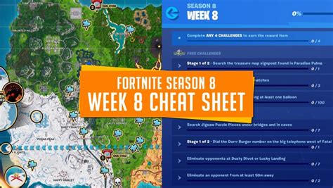 Fortnite Season 8 Week 8 Cheat Sheet - Week 8 Challenge Map | GameGuideHQ