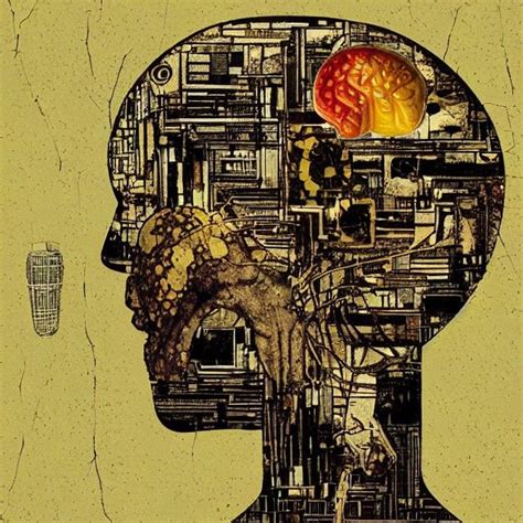 Robot with a human brain in the stomach into a glass jar CryEngine collage shin hanga pop art ...