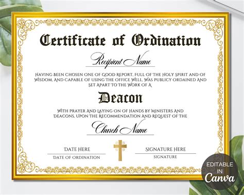 Deacon Ordination Certificate Template Printable Certificate - Etsy Finland