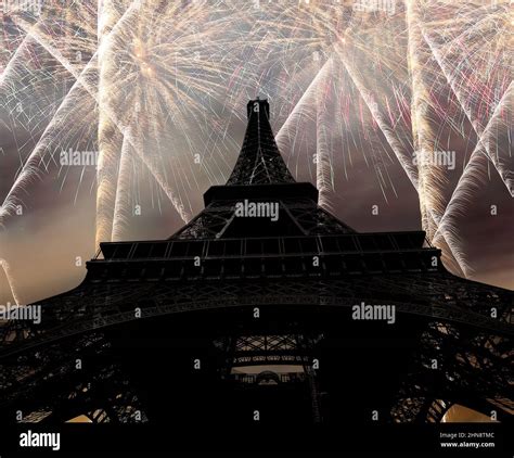 Celebratory colorful fireworks over the Eiffel Tower in Paris, France ...