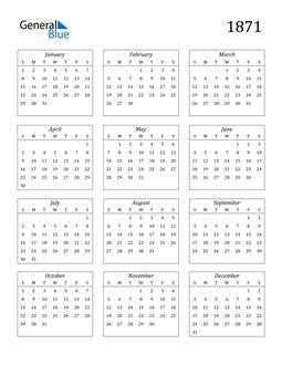 1871 Calendar (PDF, Word, Excel)