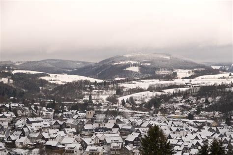 Winter Landscape in the German Rothaargebirge with View To the German City Called Hallenberg ...