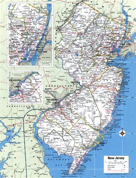 Map of New Jersey showing county with cities,road highways,counties,towns