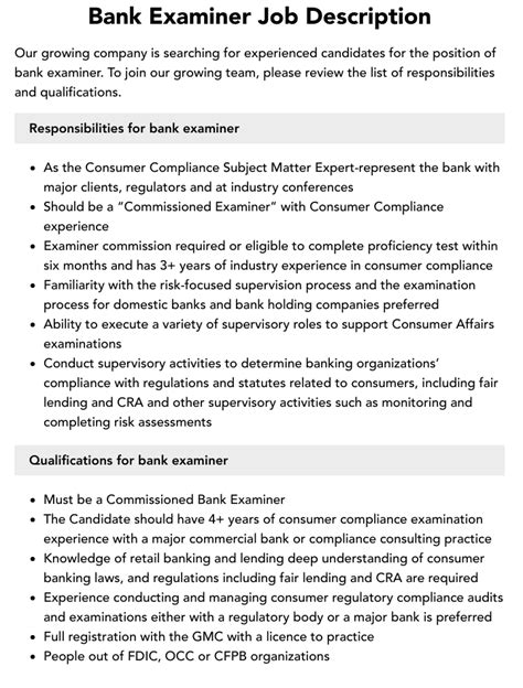 Bank Examiner Job Description | Velvet Jobs