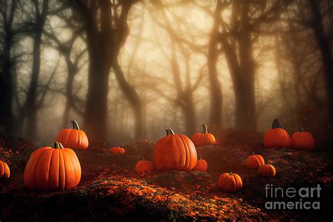 Thanksgiving and halloween pumpkins in dark forest Photograph by Jelena ...