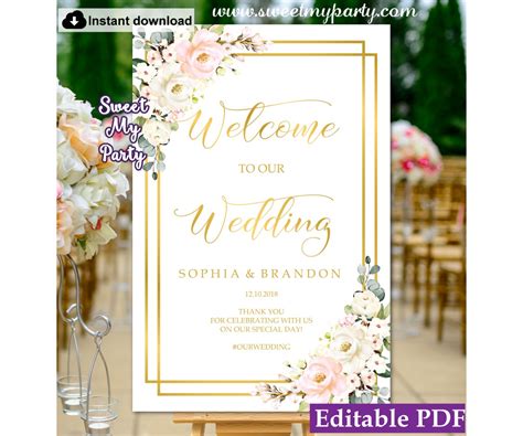 Blush welcome sign template|Ivory wedding welcome sign template|floral ...