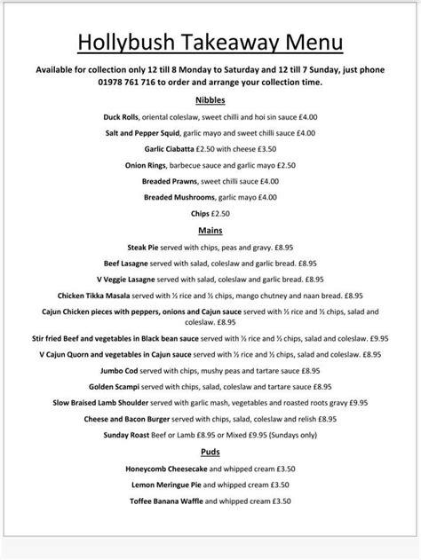 Menu at Holly Bush pub & bar, Cefn-y-bedd, Llay Rd