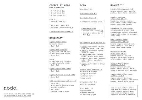 Menu at Nodo cafe, Brisbane City, 1 Ella St