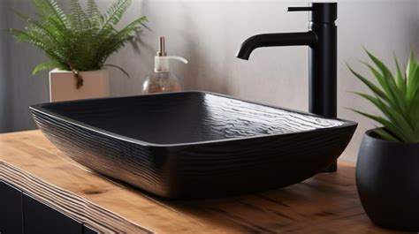 Premium AI Image | Stylish black vessel sink and faucet on wooden count