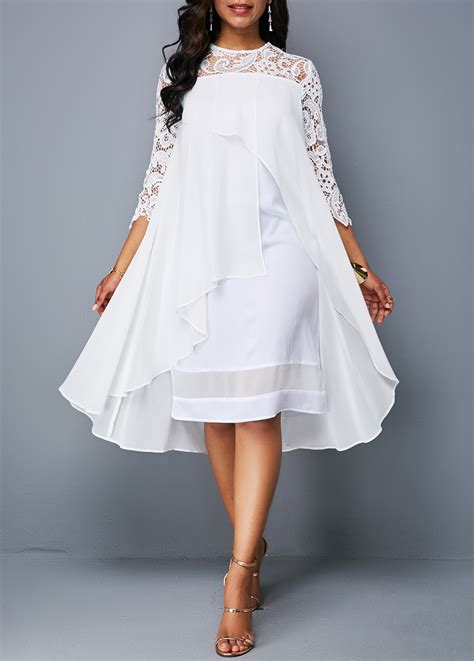 ROTITA Asymmetric Hem Lace Patchwork White Dress | Rotita.com - USD $38.98