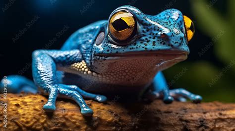 Poisonous blue frog in a tropical area. Beautiful blue dart frog. Created in AI. Stock ...