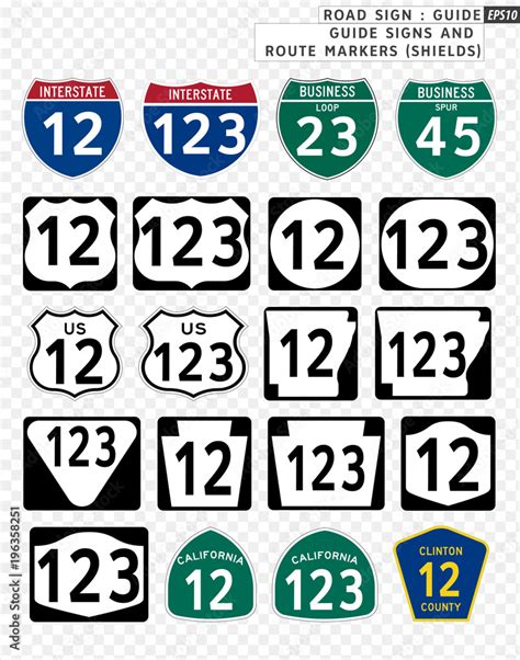 Road sign. Guide. Guide Signs and Route Markers (Shields). Vector illustration on transparent ...