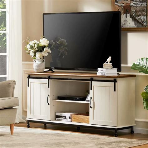 WAMPAT Farmhouse TV Stands for TVs Up to 65" with Sliding Barn Door Entertainment Center,White ...