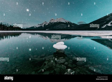 Spray Lakes at night in winter near Canmore, Alberta Canada Stock Photo ...