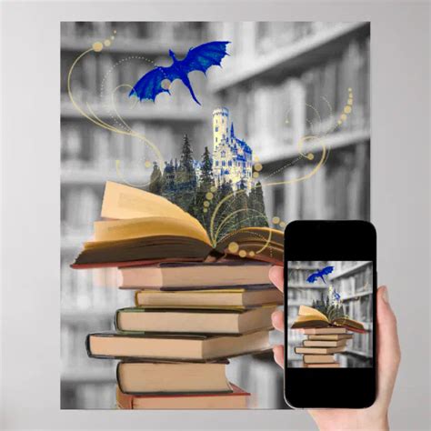 Magical books with dragon and castle poster | Zazzle