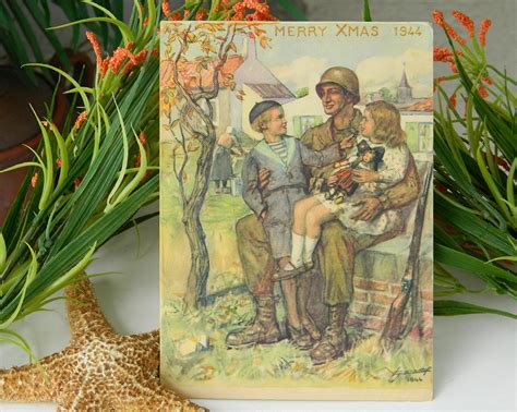 Vintage World War II Christmas Card 1944 WWII Soldier Children France ...