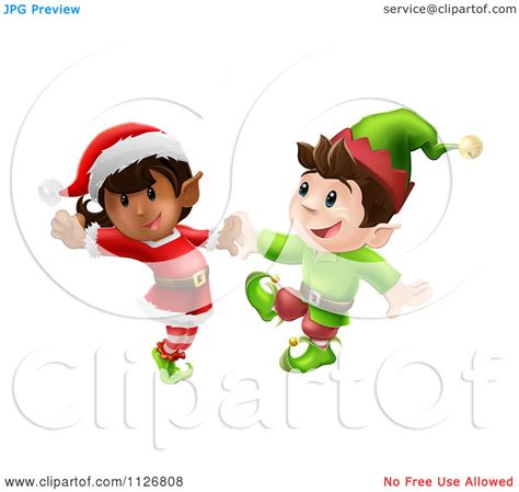 Clipart Of Happy Christmas Elves Dancing Together - Royalty Free Vector Illustration by ...