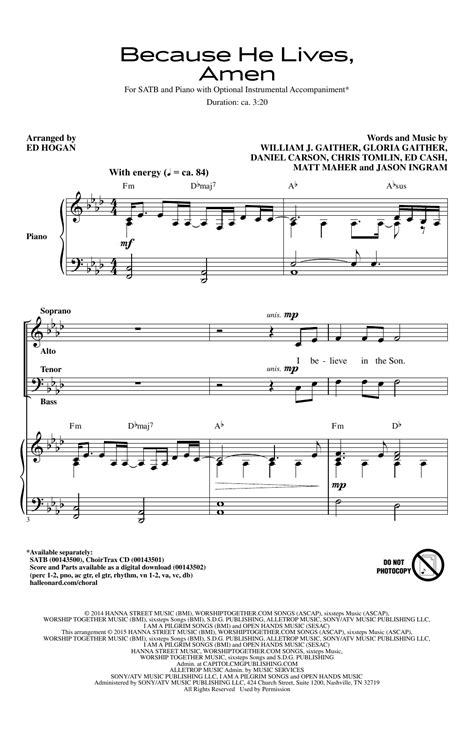 Because He Lives, Amen (arr. Ed Hogan) by Matt Maher Sheet Music for SATB Choir at Sheet Music ...