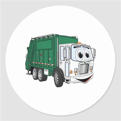 Green White Smiling Garbage Truck Cartoon Classic Round Sticker ...