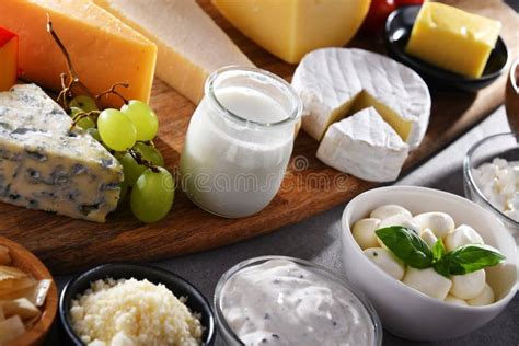 A Variety of Dairy Products Including Cheese, Milk and Yogurt Stock ...