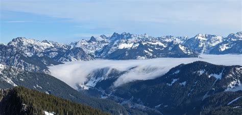 Free picture: Panorama of foggy clouds in valley with frozen mountain peaks in background