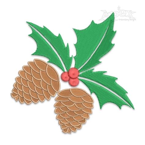 Christmas Holly Pine Cone Embroidery Designs - Apex