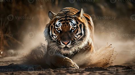 A Bengal Tiger, captured mid-stride, its sinewy muscles standing out ...