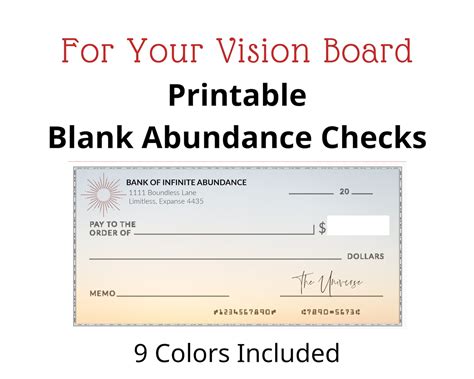 Printable Blank Abundance Checks for Your Vision Board, Law of Attraction, & Goal Setting ...