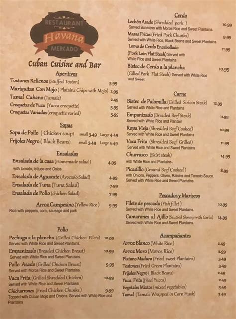 Menu at Havana restaurant, Miami