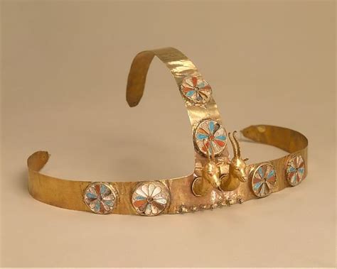 Diadem with two gazelle heads, Gold, carnelian, opaque turquoise glass, decayed crizzled glass ...