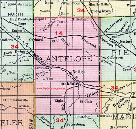 Antelope County, Nebraska, 1912, map, Neligh, Oakdale, Elgin, Orchard, Royal, Brunswick ...