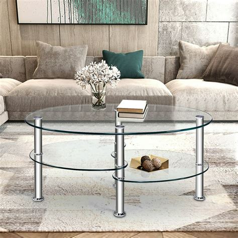 Costway Tempered Glass Oval Side Coffee Table Shelf Chrome Base Living Room Clear - Walmart.com ...