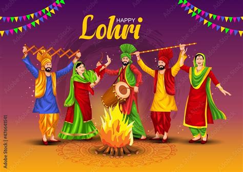 Happy Lohri festival of Punjab India background. group of people playing lohri dance. vector ...