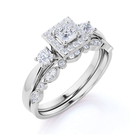 JeenMata - 1.25 ct Princess Cut Diamond - 3 Stone Art Deco - Halo Ring & Scalloped Band ...