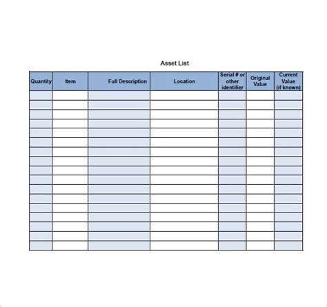 Fixed Asset List Template