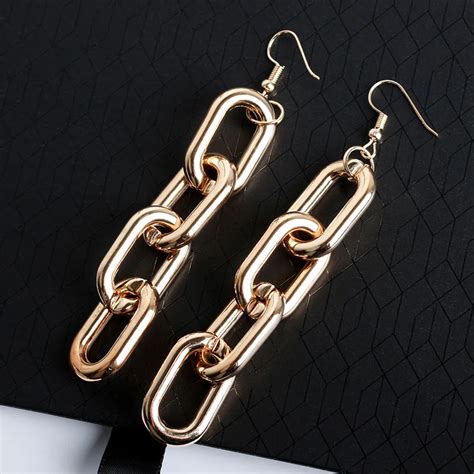 Long Thick Link Chain Dangle Earrings For Women Gold Silver Color Drop Earring Zirconia Big Zinc ...